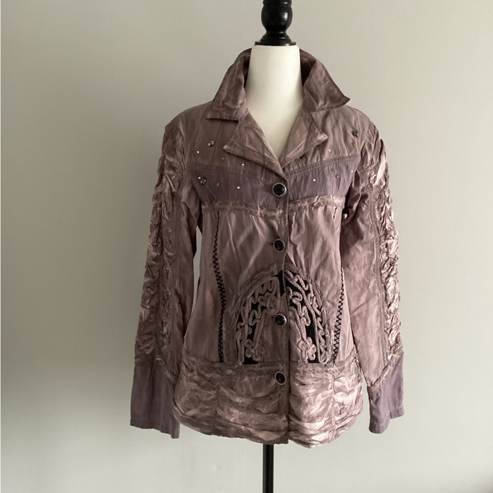 Vintage Parsley & Sage Distressed Lavender/Grey Appliqué Jacket, Size M